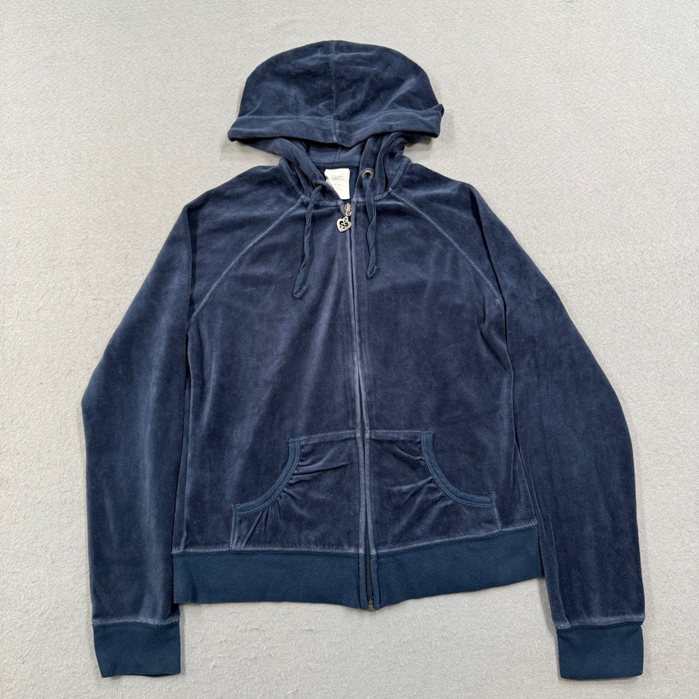 Y2K Old Navy Velour Hoodie Women's Medium Navy Blue Zip Up Heart Charm Lounge